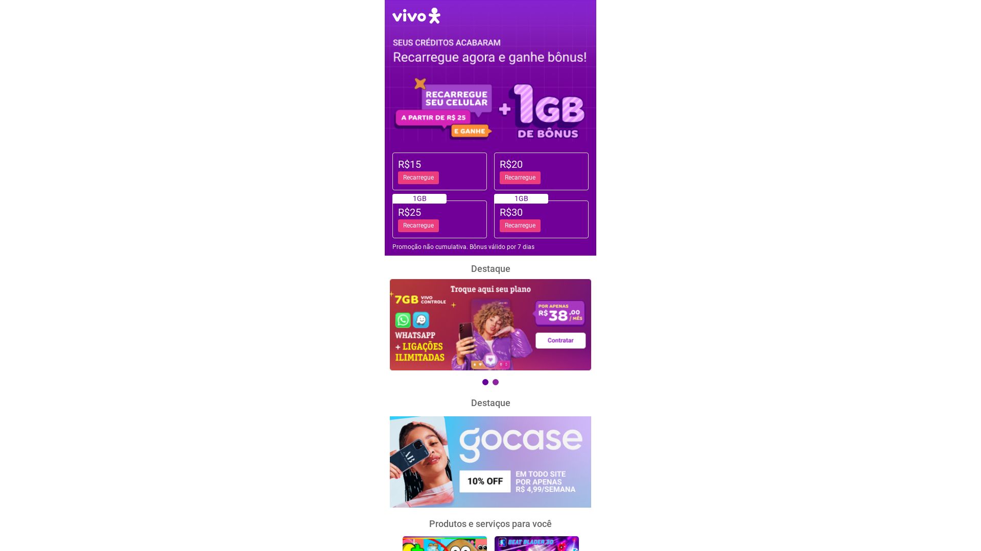 Estado web portalrecarga.vivo.com.br está   ONLINE