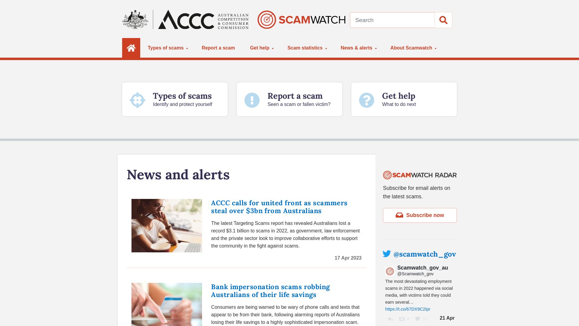 Estado web scamwatch.gov.au está   ONLINE