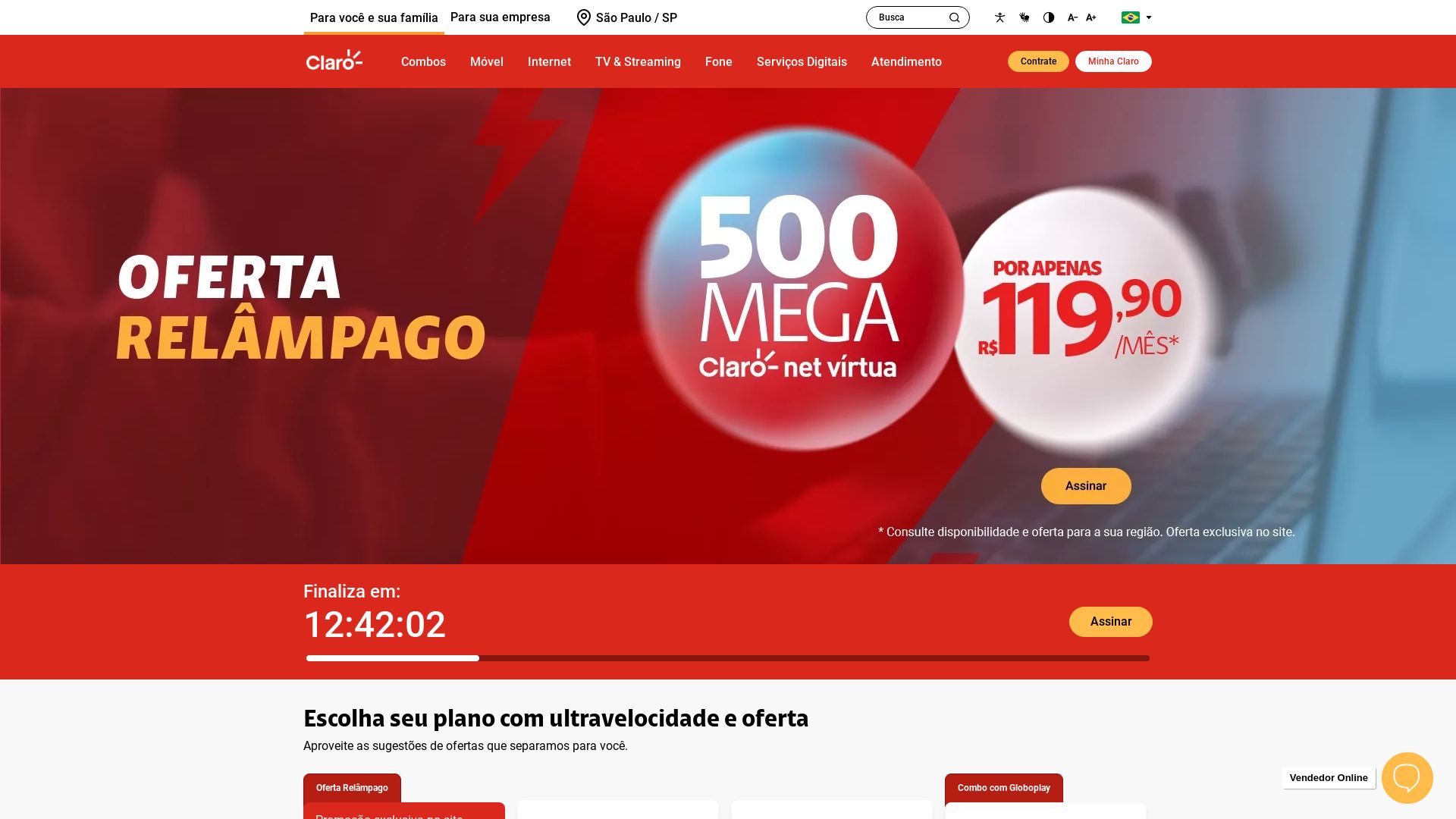 Estado web www.claro.com.br está   ONLINE